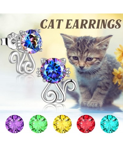 925 Sterling Silver Sparkling Crystal Cute Cat Necklace Cute Kitten Cat Earrings Adjustable Cute Cat Ring Animal Cat with Zir...