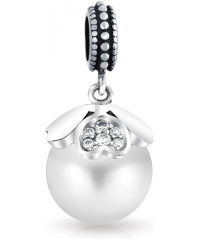 Flower White Simulated Pearl Dangle Spacer Bead Charm For Women Teen Oxidized .925 Sterling Silver Fits European Bracelet Hea...