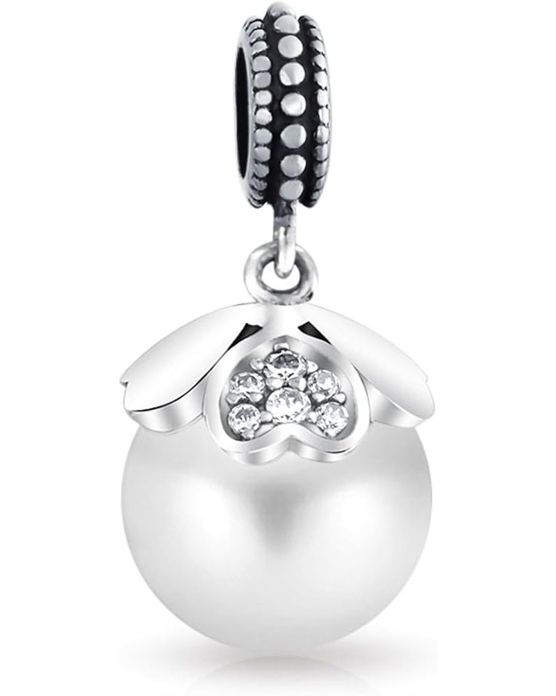 Flower White Simulated Pearl Dangle Spacer Bead Charm For Women Teen Oxidized .925 Sterling Silver Fits European Bracelet Hea...