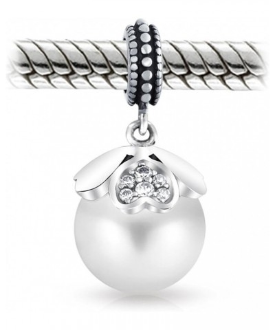 Flower White Simulated Pearl Dangle Spacer Bead Charm For Women Teen Oxidized .925 Sterling Silver Fits European Bracelet Hea...