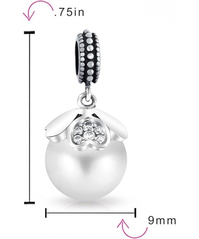 Flower White Simulated Pearl Dangle Spacer Bead Charm For Women Teen Oxidized .925 Sterling Silver Fits European Bracelet Hea...