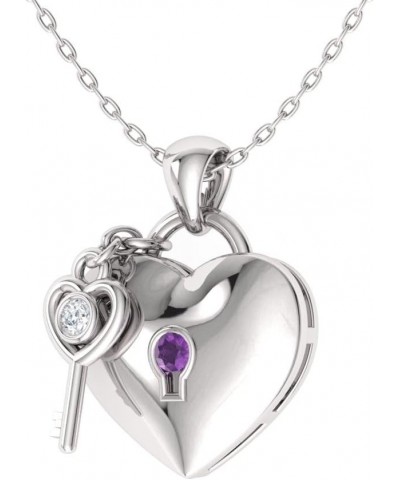 Natural and Certified Gemstone and Diamond Love Lock and Key Heart Necklace in 14k White Gold |0.02 Carat Pendant with Chain ...