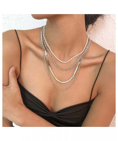 Layered Snake Chain Necklace for Women Faux Pearl Beaded Choker Necklace Vintage Gold Plated Herringbone Necklace Punk Multil...