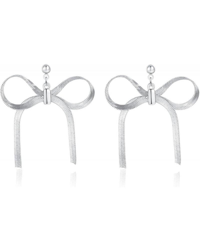 Bow Drop Dangle Earrings for Women Girls, Tassel Dangly Chain Earrings Bow Ribbon Jewelry silver $8.69 Earrings