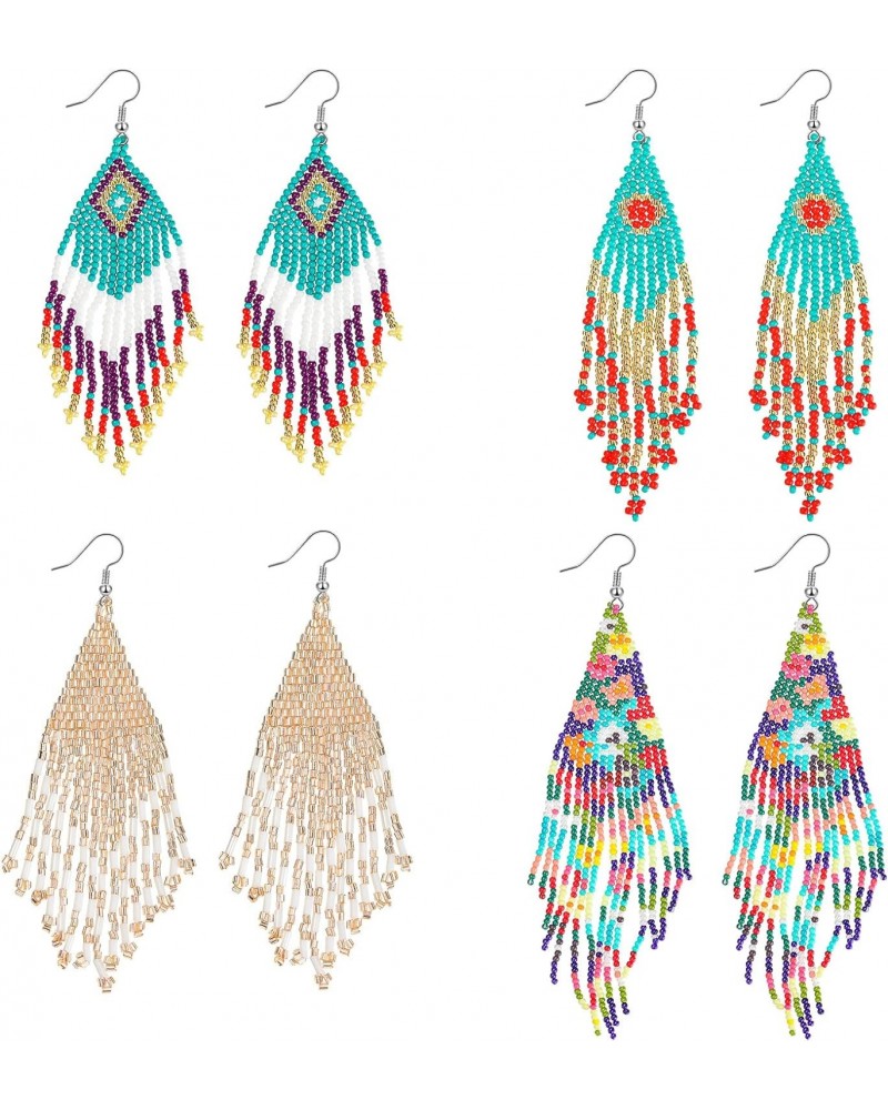 4 Pairs Long Beaded Tassel Earrings Bohemia Colorful Handmade Beaded Earrings Seed Bead Statement Fringe Drop Dangle Earrings...