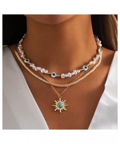 Boho Layered Sun Necklaces Gold Neck Chain Turquoise Necklaces Chains Pearl Pendant Necklace Jewelry Summer Beach Necklace Ac...