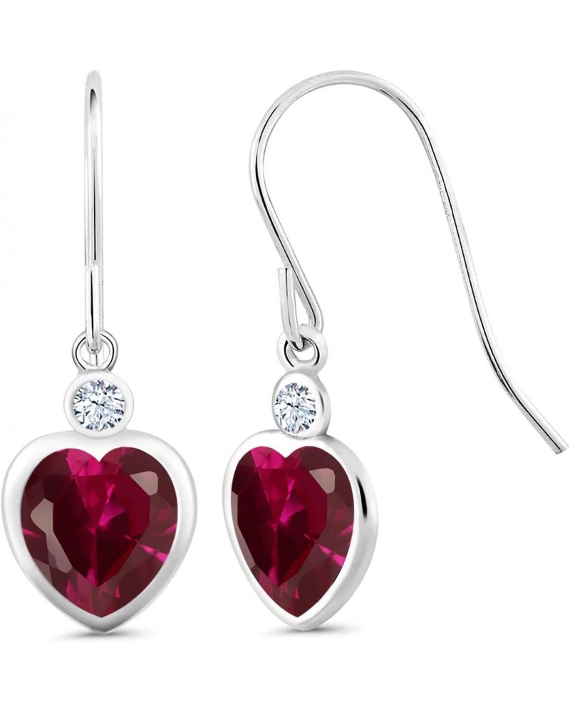 925 Sterling Silver Red Created Ruby and White Zirconia French Wire Dangle Earrings For Women (3.62 Cttw, Gemstone July Birth...