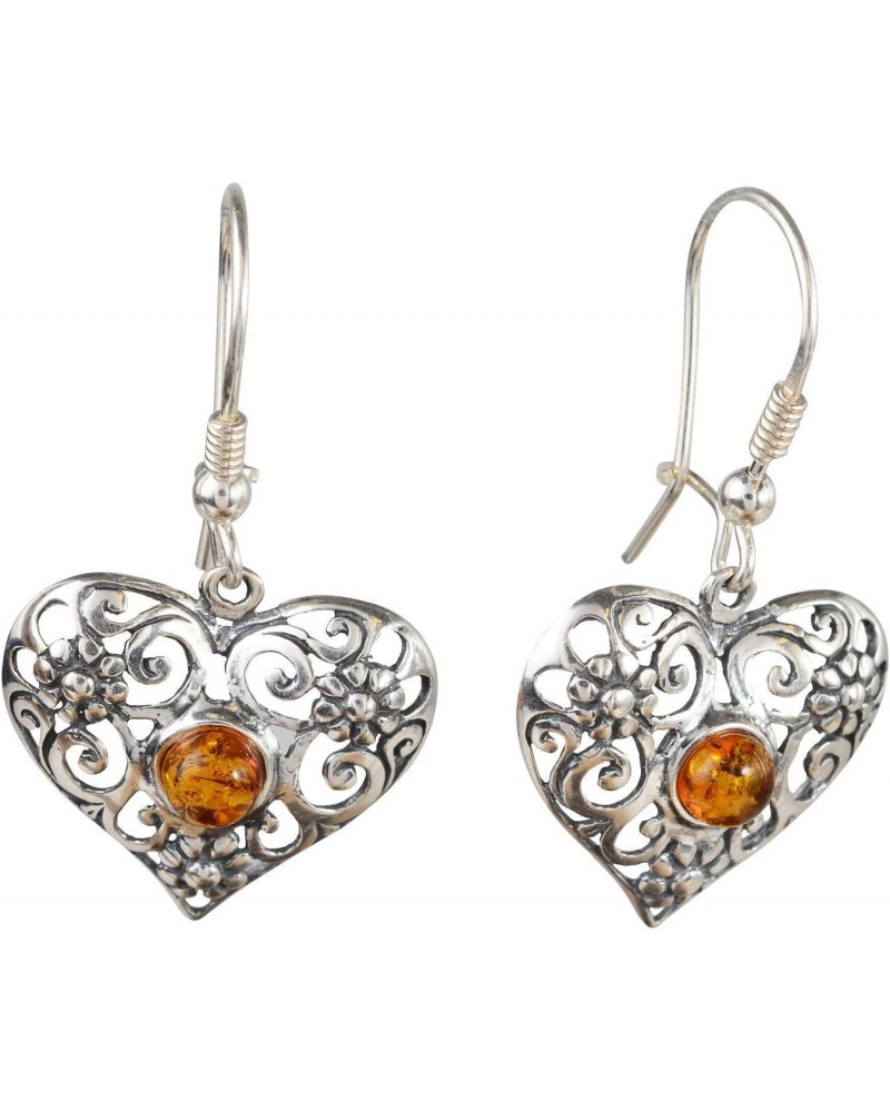 Amber Earrings - Sterling Silver Lace and Baltic Honey Amber Kidney Hook Heart Earrings - Sterling Silver Jewelry Collection ...