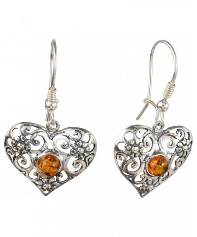 Amber Earrings - Sterling Silver Lace and Baltic Honey Amber Kidney Hook Heart Earrings - Sterling Silver Jewelry Collection ...