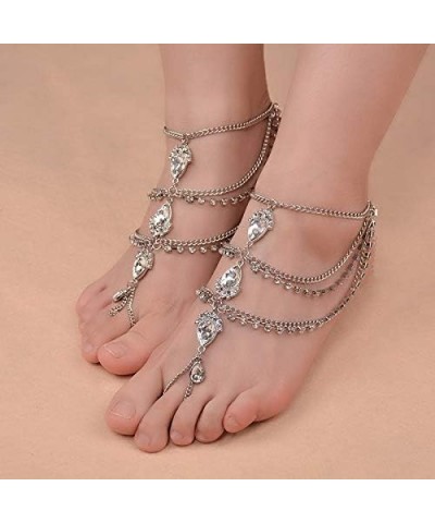 Boho Vintage Rhinestones Chunky Ankle Silver Gold Chain Beach Anklet Simple Adjustable Anklet Set for Women Girls Silver $8.8...