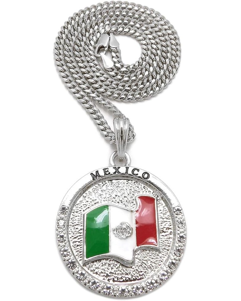 Jamaica, Cuba, Mexico Flag 24" Pendant Necklace in Box, Cuban or Rope Chain Gold Or Rhodium Tone Mexico - Rhodium w/ 24" Cuba...