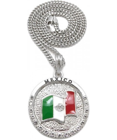 Jamaica, Cuba, Mexico Flag 24" Pendant Necklace in Box, Cuban or Rope Chain Gold Or Rhodium Tone Mexico - Rhodium w/ 24" Cuba...