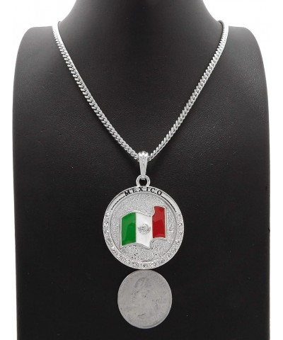 Jamaica, Cuba, Mexico Flag 24" Pendant Necklace in Box, Cuban or Rope Chain Gold Or Rhodium Tone Mexico - Rhodium w/ 24" Cuba...