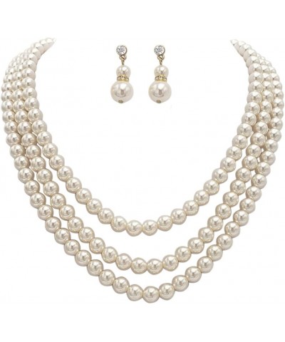 Women's Multi Strand Classic 8mm Faux Pearl Necklace and Earrings Jewelry Set, 16"+3" Extender Cream/Gold Tone $17.33 Necklaces