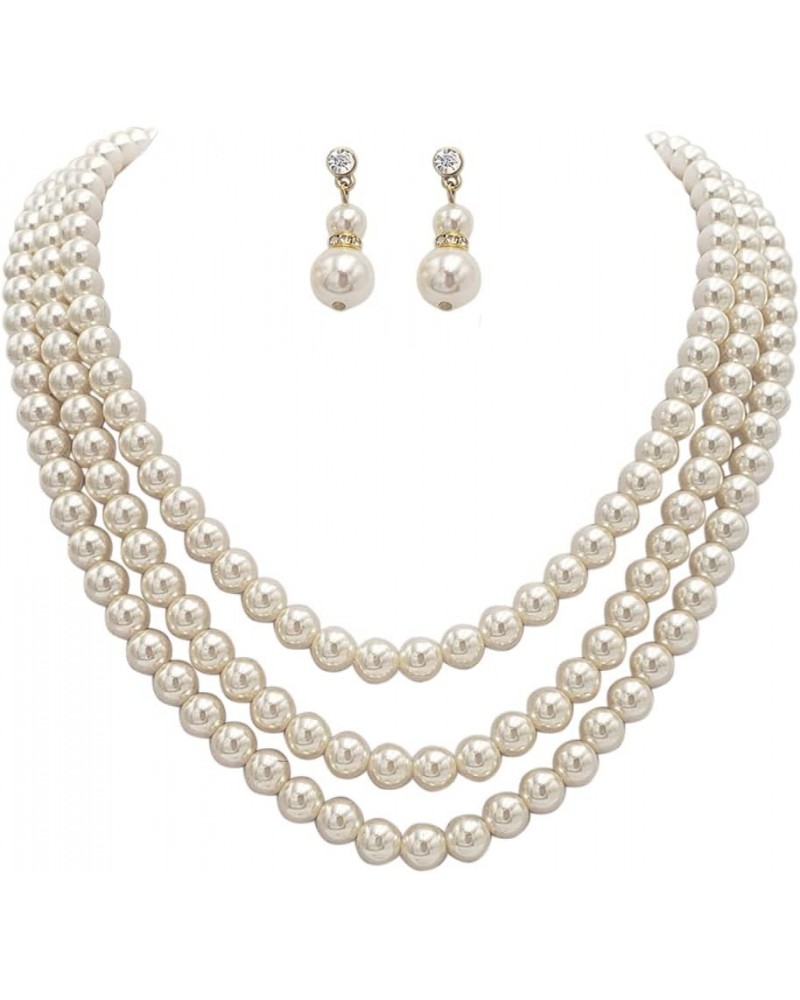 Women's Multi Strand Classic 8mm Faux Pearl Necklace and Earrings Jewelry Set, 16"+3" Extender Cream/Gold Tone $17.33 Necklaces