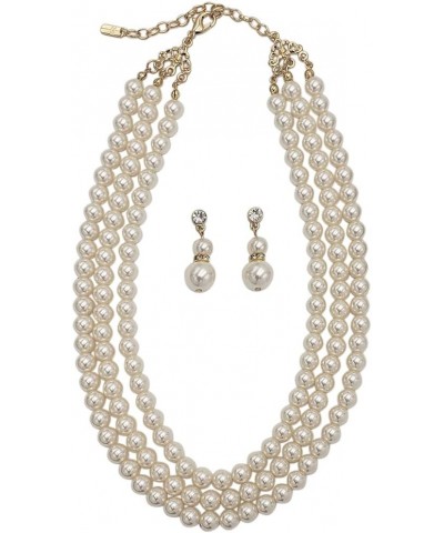 Women's Multi Strand Classic 8mm Faux Pearl Necklace and Earrings Jewelry Set, 16"+3" Extender Cream/Gold Tone $17.33 Necklaces