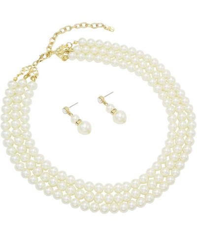 Women's Multi Strand Classic 8mm Faux Pearl Necklace and Earrings Jewelry Set, 16"+3" Extender Cream/Gold Tone $17.33 Necklaces