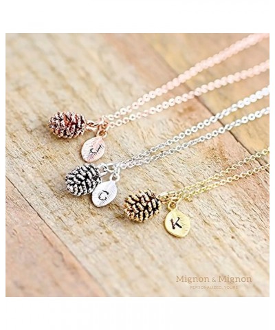 Silver Dainty Pinecone Necklace Initial Necklace Nature Necklace Leaf Necklace for Her B $15.68 Necklaces