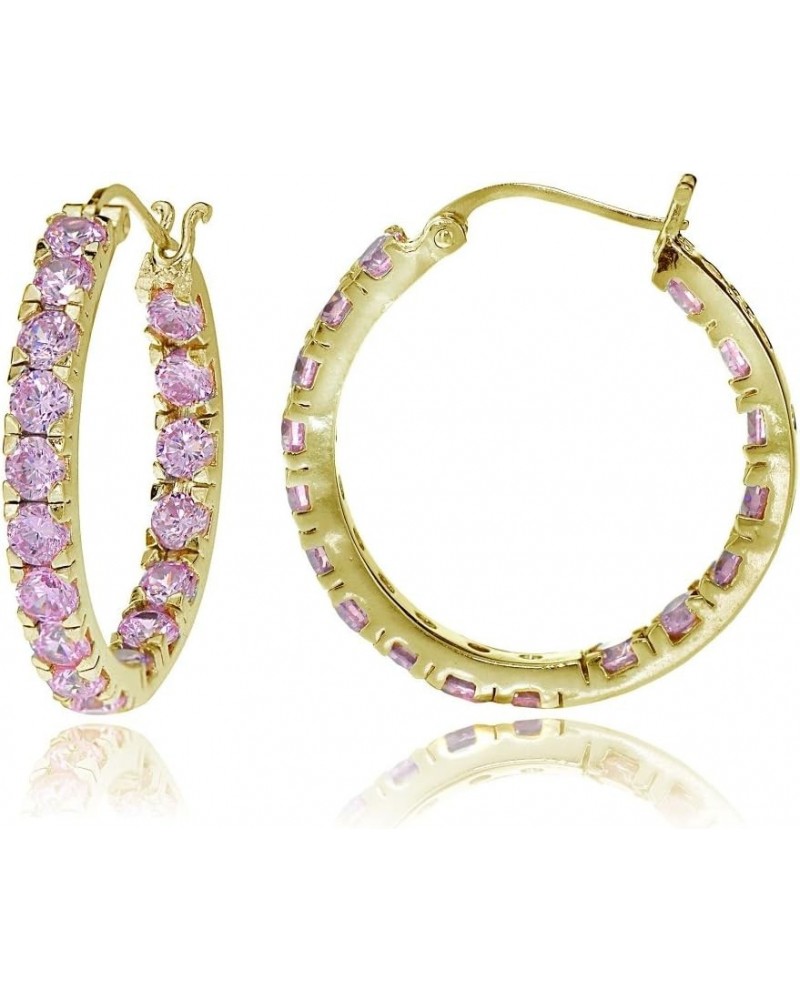 Sterling Silver Light Pink Cubic Zirconia Inside Out 3x20 mm Round Hoop Earrings Gold Flash Silver $20.51 Earrings