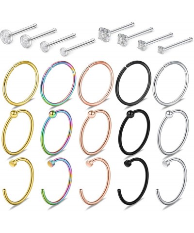 23PCS 22 Gauge Nose Rings Hoop Stainless Steel Bone L Shaped Screw Clear CZ Nose Studs Cartilage Daith Tragus Ear Piercing Ri...