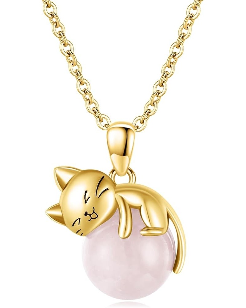 Cat Animal Necklace with Rose Quartz Pearl Sterling Silver Gold Cat Necklace $19.74 Necklaces