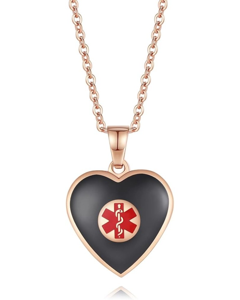 Free Engraving Heart Charm Medical ID Alert Necklaces for Women ROSE GOLD / BLACK customize $12.37 Necklaces