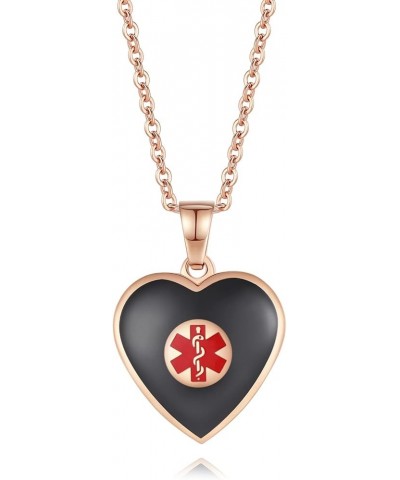 Free Engraving Heart Charm Medical ID Alert Necklaces for Women ROSE GOLD / BLACK customize $12.37 Necklaces