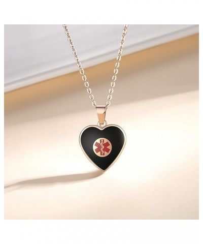 Free Engraving Heart Charm Medical ID Alert Necklaces for Women ROSE GOLD / BLACK customize $12.37 Necklaces