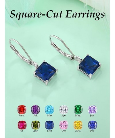 Square Dangle Drop Earrings Sterling Silver Solitaire Leverback Earring 7MM Princess Cut Birthstone Jewelry for Women 09-sapp...