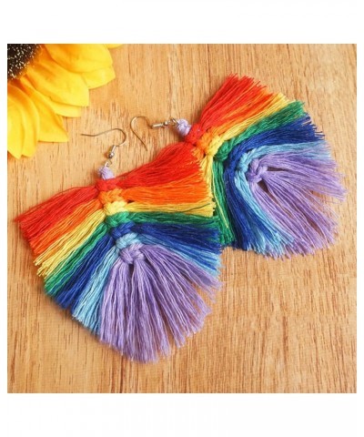 Colorful Christmas Rainbow Wooden Tassel Dangle Earrings LGBTQ Accessories Bohemian Hand-Knit Earrings Handmade Exaggeration ...