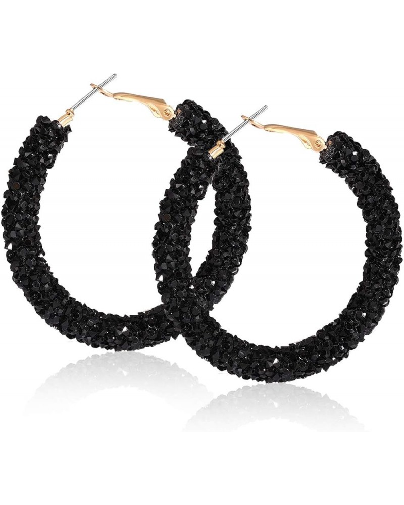 Glitter Hoop Earrings Bohemian Sparkle Resin Rhinestone Wrapped Hoop Dangle Earrings for Women Girls Black $10.43 Earrings