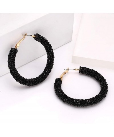 Glitter Hoop Earrings Bohemian Sparkle Resin Rhinestone Wrapped Hoop Dangle Earrings for Women Girls Black $10.43 Earrings