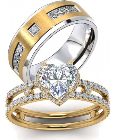 Couple Rings Matching Ring Heart 1.5ct CZ Yellow Gold Plated Women Wedding Ring Sets for Him and Her Rings Gold women size7 &...