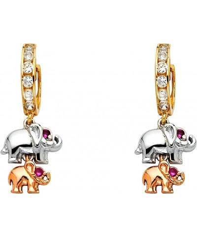 14k Tri Color Gold Fancy Huggie Dangle Elephant Earrings (10 X 30mm) $103.36 Earrings