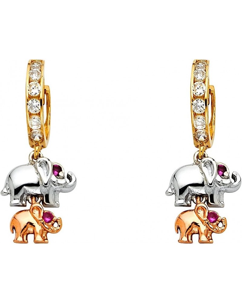 14k Tri Color Gold Fancy Huggie Dangle Elephant Earrings (10 X 30mm) $103.36 Earrings