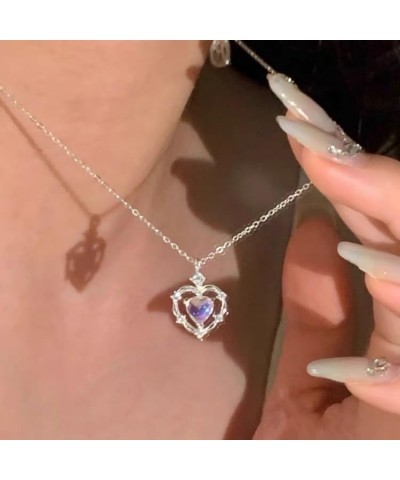 Y2k Moonstone Heart Necklace For Women Girl Sterling Silver Diamond Pendant Aesthetic Necklaces Jewelry $8.39 Necklaces