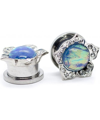 Surgical Steel Flower Ear Plugs Tunnels with Rainbown Opal Stone 9/16" / 14 MM $9.30 Body Jewelry