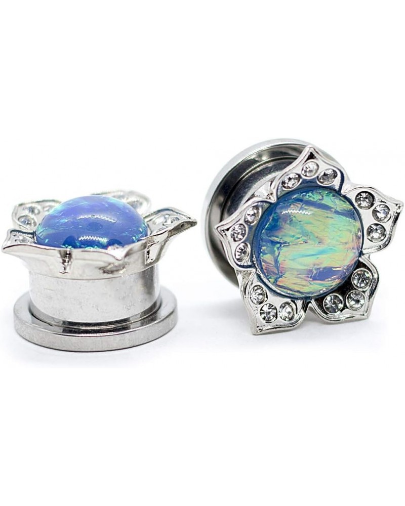 Surgical Steel Flower Ear Plugs Tunnels with Rainbown Opal Stone 9/16" / 14 MM $9.30 Body Jewelry