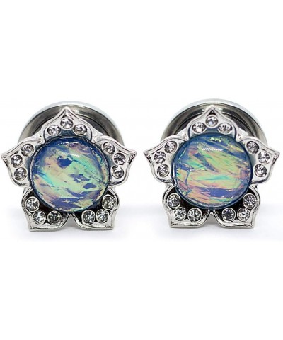 Surgical Steel Flower Ear Plugs Tunnels with Rainbown Opal Stone 9/16" / 14 MM $9.30 Body Jewelry