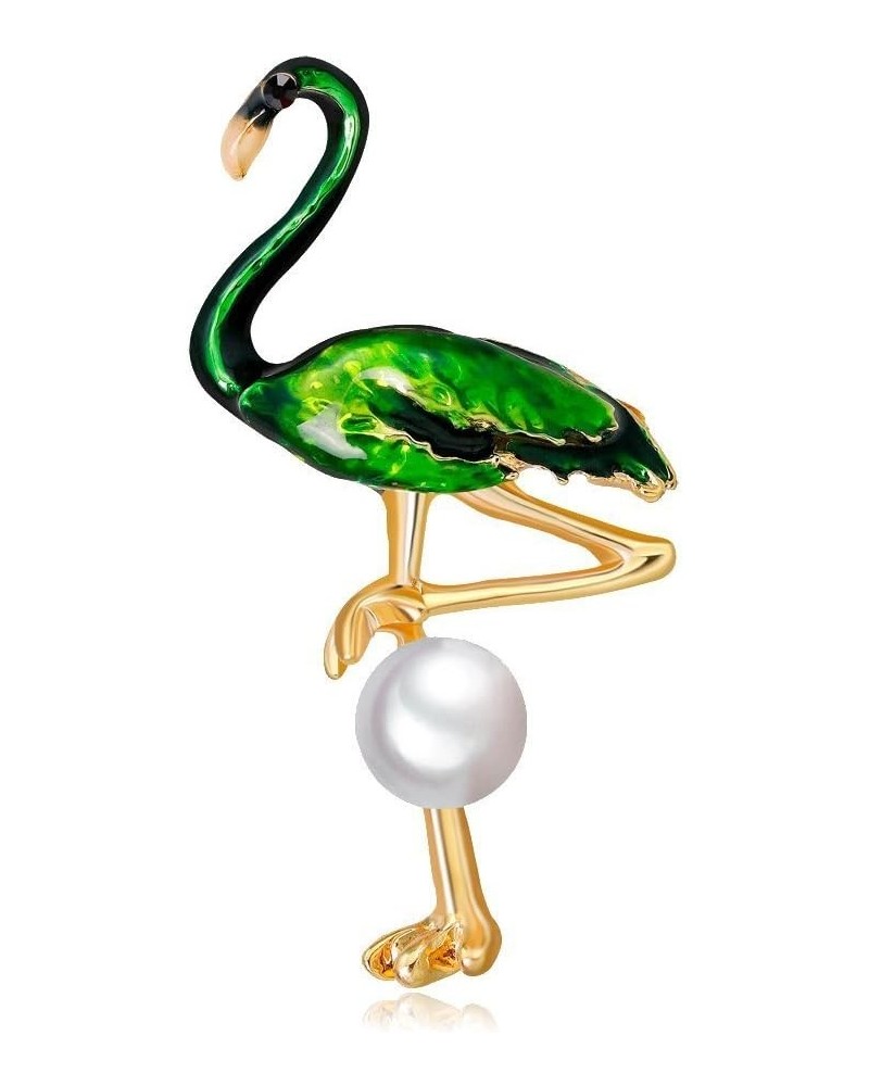 Enamel Flamingo Brooch Fashion Simulated Pearl Bird Scarf Pin Jewelry 4 Colors Green $9.29 Brooches & Pins