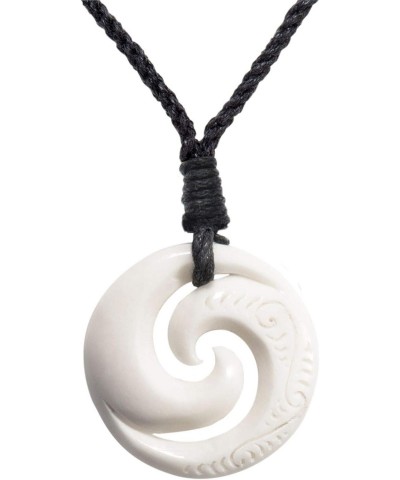 Double Koru Men's Bone Necklace with Engravings - Hand Carved Bone Pendant - Maori Style Accessories - Round Spiral Surfer Ne...