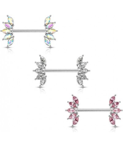 14GA 316L Stainless Steel Crystal Marquise Fan Ends Nipple Barbells, Sold as A Pair Pink $9.45 Body Jewelry