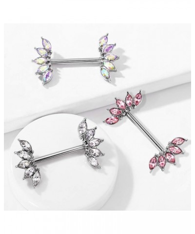 14GA 316L Stainless Steel Crystal Marquise Fan Ends Nipple Barbells, Sold as A Pair Pink $9.45 Body Jewelry