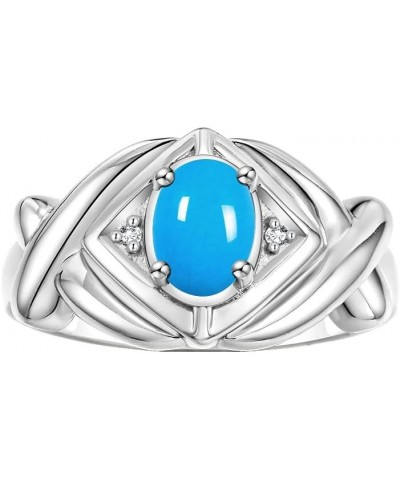 Hugs & Kisses XOXO Ring with 7X5MM Gemstone & Diamonds - Birthstone Jewelry for Women in Sterling Silver, Sizes 5-10 Turquois...