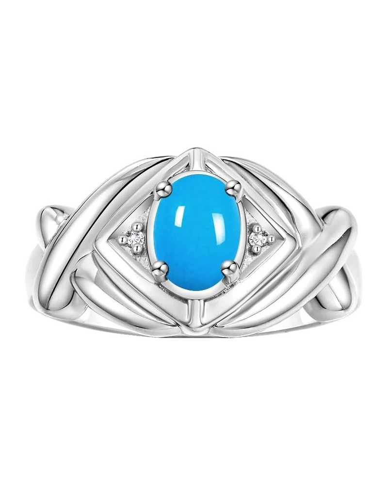 Hugs & Kisses XOXO Ring with 7X5MM Gemstone & Diamonds - Birthstone Jewelry for Women in Sterling Silver, Sizes 5-10 Turquois...