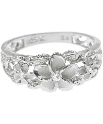 Sterling silver 925 Hawaiian 3 plumeria flower cz ring maile cut out scroll rhodium plated size 3 to 10 $15.51 Rings