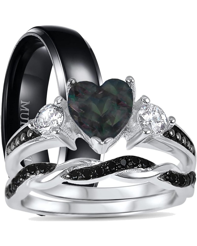 His Hers Wedding Ring Set TRIO 3 PCS Simulated Black Topaz Bridal Set Silver Black Titanium Him Her Her 12 - His 12 $40.85 Sets