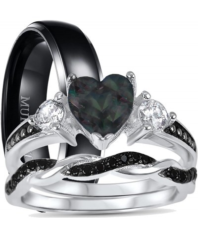 His Hers Wedding Ring Set TRIO 3 PCS Simulated Black Topaz Bridal Set Silver Black Titanium Him Her Her 12 - His 12 $40.85 Sets