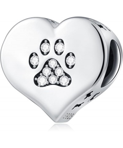 Puppy Dog Paw Print Charms with Brithstone Crystal, 925 Sterling Silver Pawprint Heart Bead, fits European Animal Bracelet Ne...