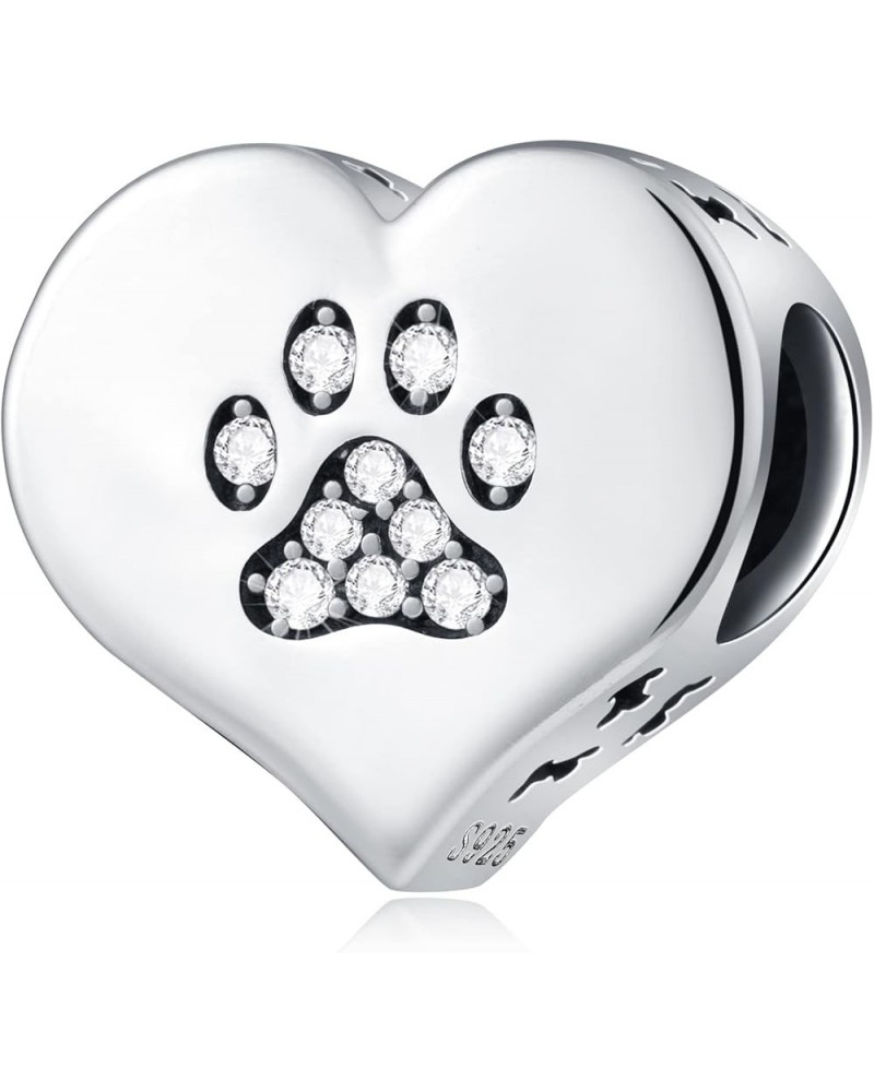 Puppy Dog Paw Print Charms with Brithstone Crystal, 925 Sterling Silver Pawprint Heart Bead, fits European Animal Bracelet Ne...